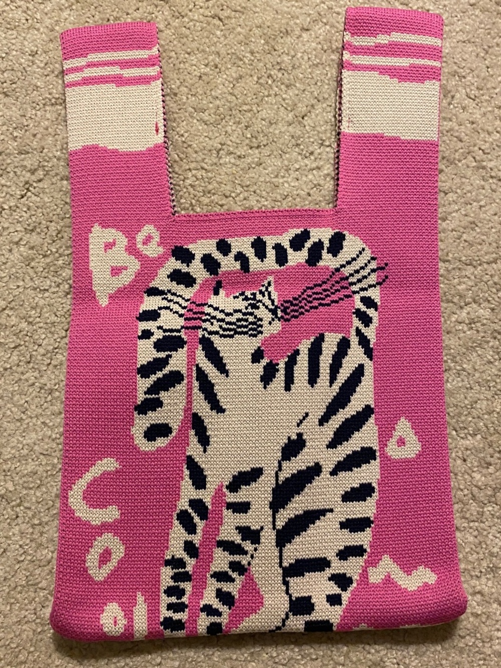 Mini Woven Lunch/Shopping Bag-Pink with Black and White Cat-Says "Be Cool"